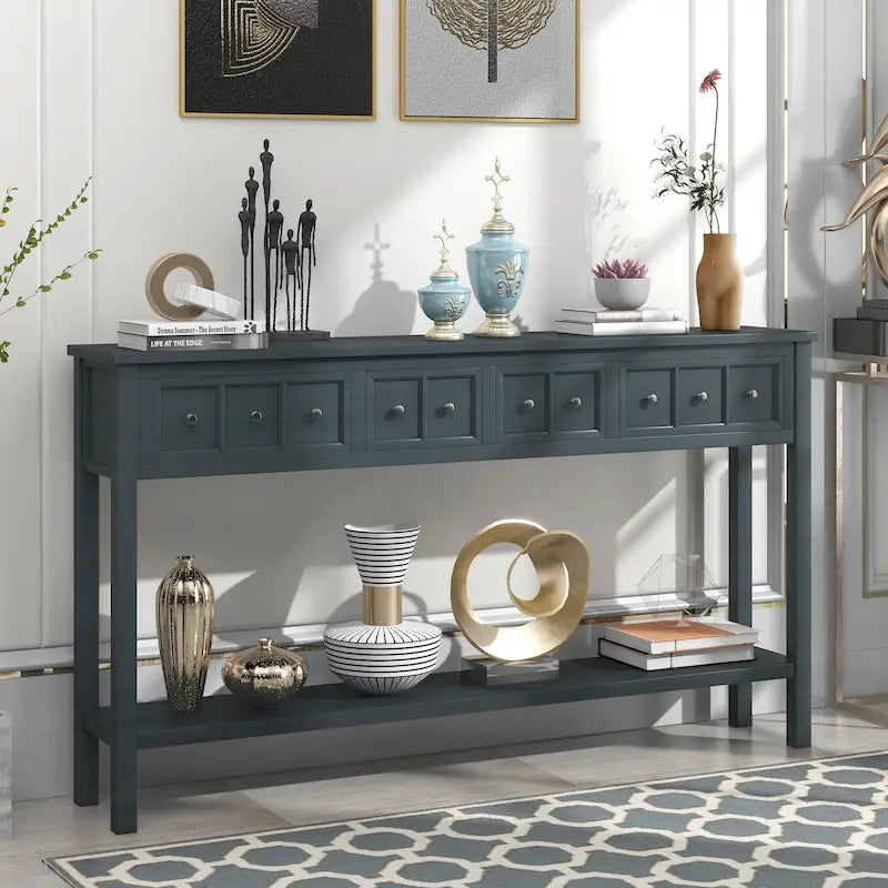 Console rustique gris délavé/bleu marine avec 4 tiroirs et une étagère, assemblage par 1 personne