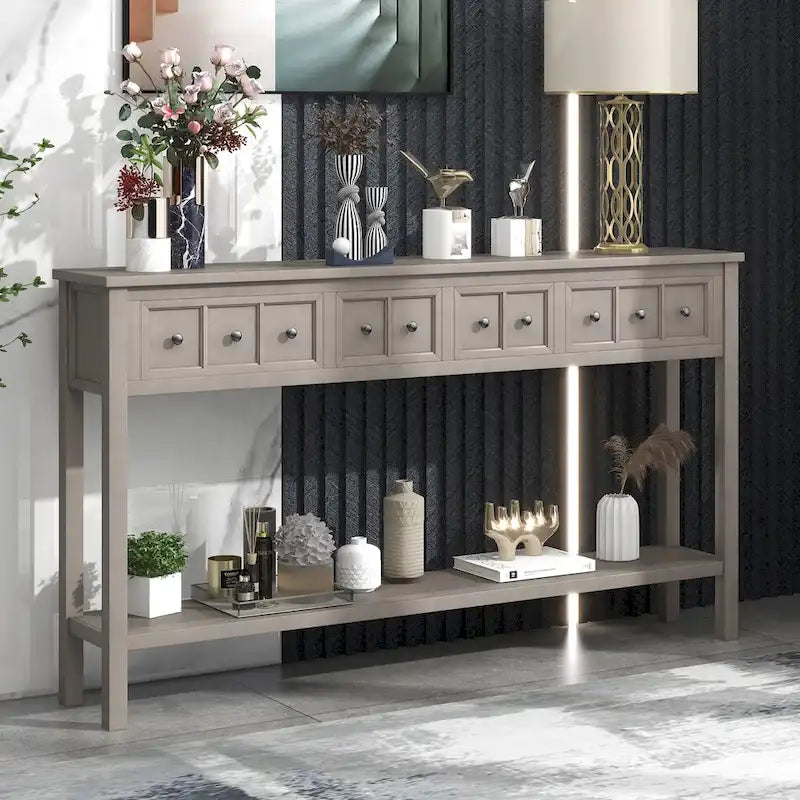 Console rustique gris délavé/bleu marine avec 4 tiroirs et une étagère, assemblage par 1 personne