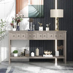 Console rustique gris délavé/bleu marine avec 4 tiroirs et une étagère, assemblage par 1 personne