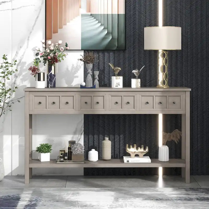 Console rustique gris délavé/bleu marine avec 4 tiroirs et une étagère, assemblage par 1 personne