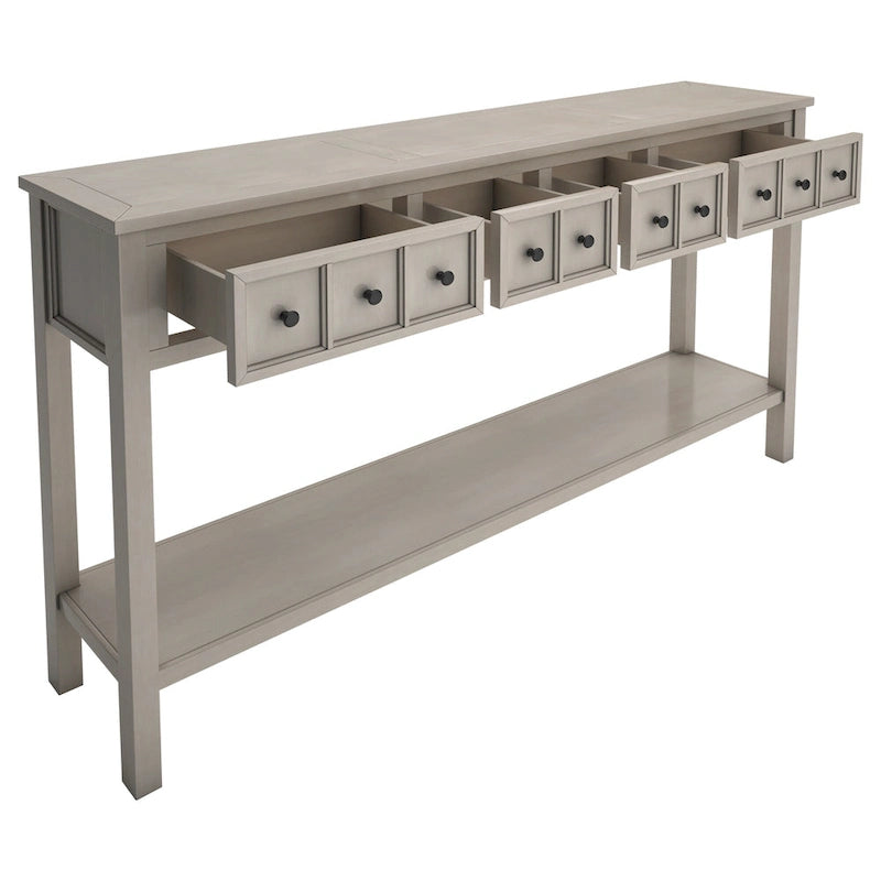Console rustique gris délavé/bleu marine avec 4 tiroirs et une étagère, assemblage par 1 personne