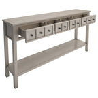 Console rustique gris délavé/bleu marine avec 4 tiroirs et une étagère, assemblage par 1 personne