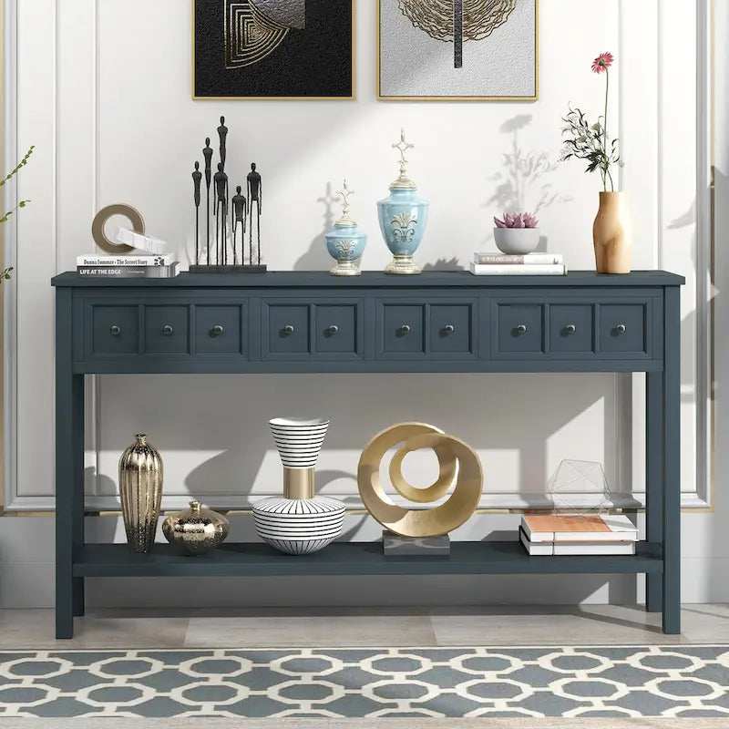 Console rustique gris délavé/bleu marine avec 4 tiroirs et une étagère, assemblage par 1 personne
