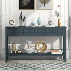 Console rustique gris délavé/bleu marine avec 4 tiroirs et une étagère, assemblage par 1 personne