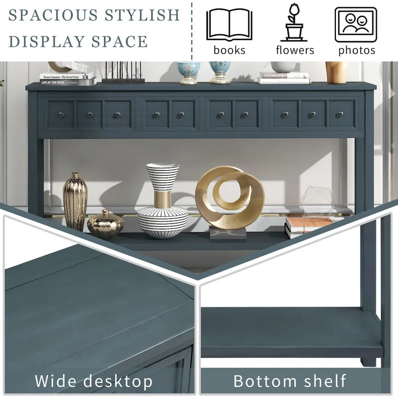 Console rustique gris délavé/bleu marine avec 4 tiroirs et une étagère, assemblage par 1 personne