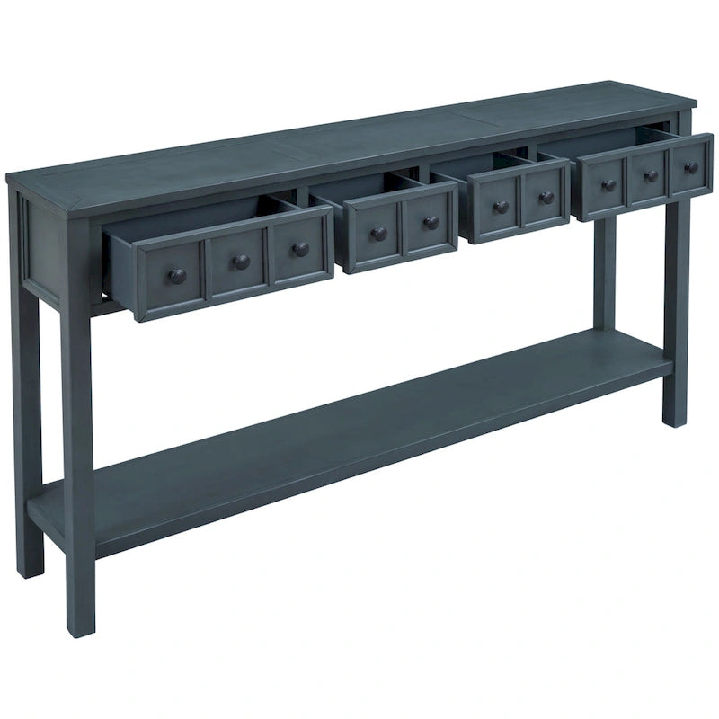 Console rustique gris délavé/bleu marine avec 4 tiroirs et une étagère, assemblage par 1 personne