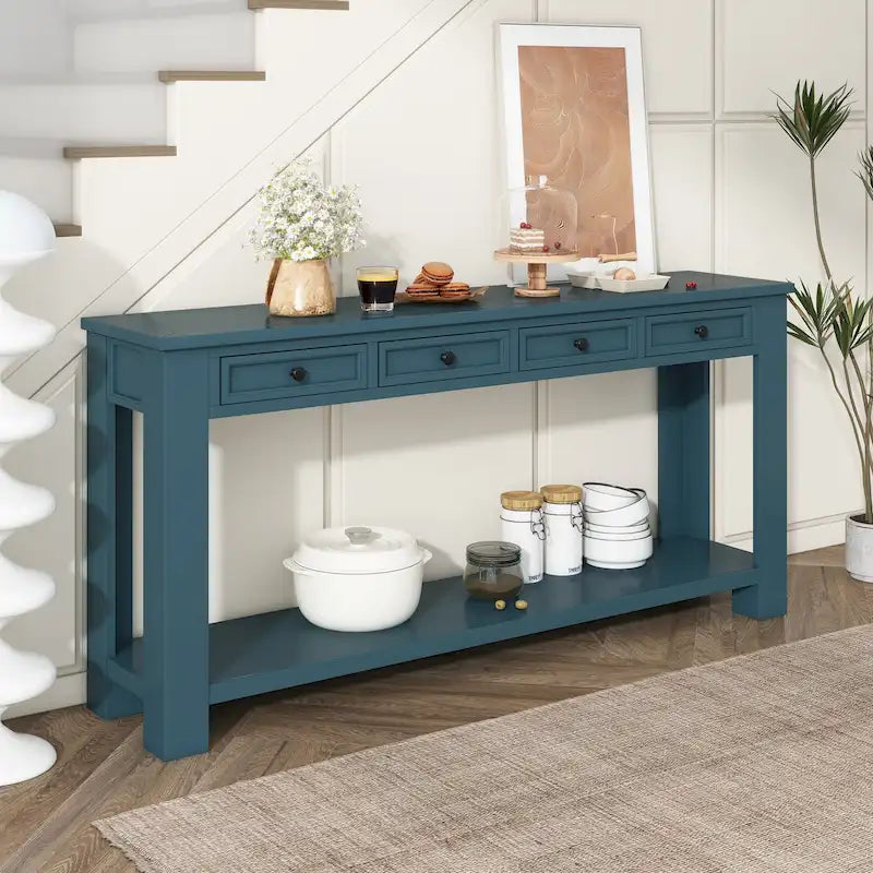 Console 4 tiroirs rustique blanc antique / espresso / bleu foncé