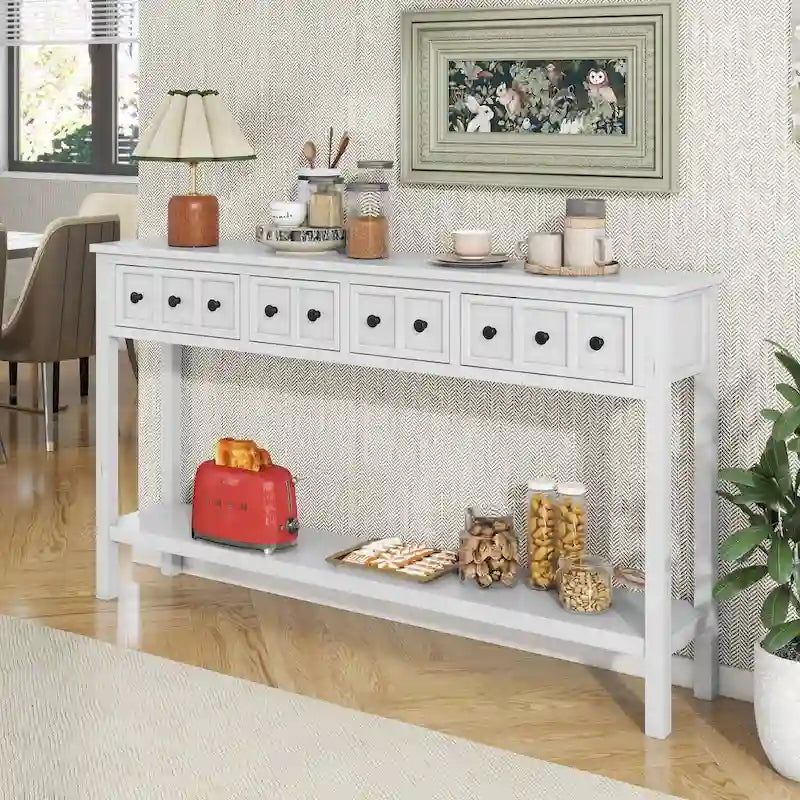 Console 4 tiroirs rustique blanc antique / espresso / bleu foncé