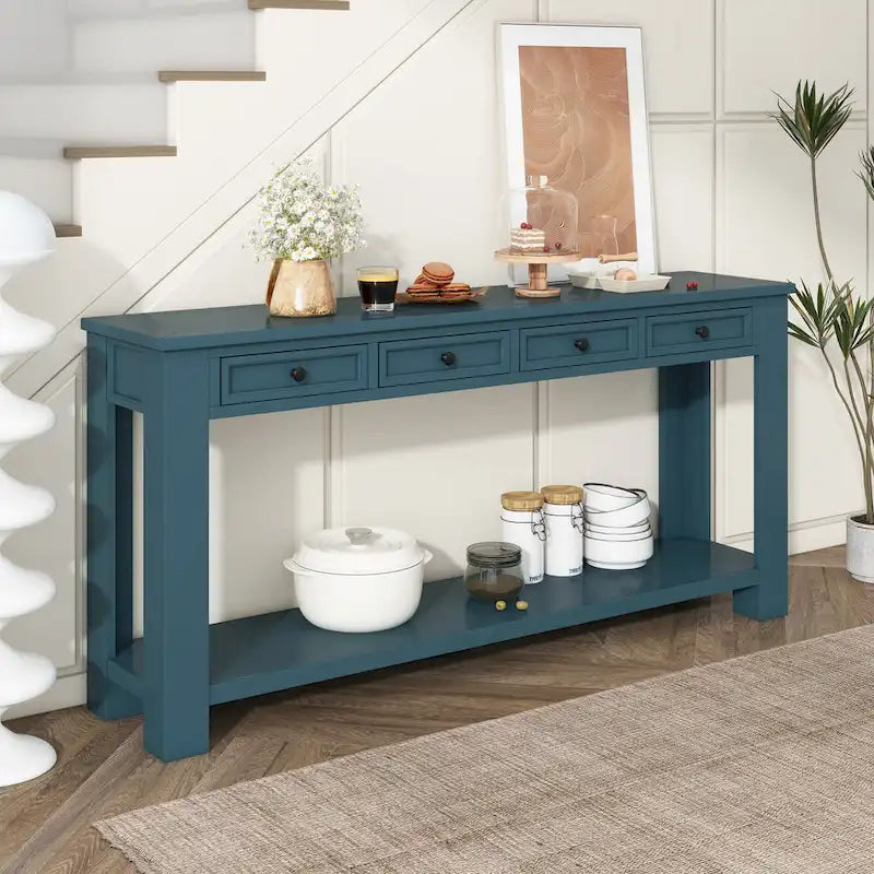 Console 4 tiroirs rustique blanc antique / espresso / bleu foncé