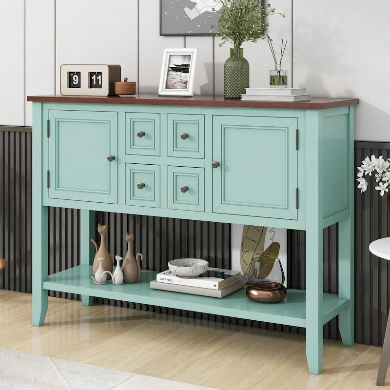 Console rétro bleue/blanche vintage avec 4 tiroirs et 2 placards, montage par 1 personne