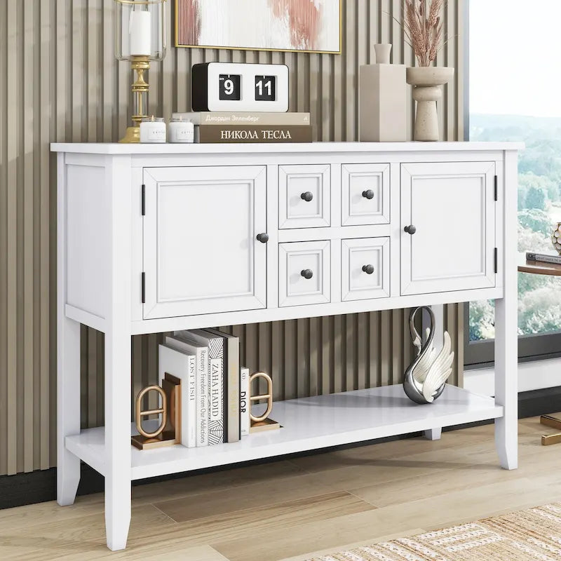 Console rétro bleue/blanche vintage avec 4 tiroirs et 2 placards, montage par 1 personne
