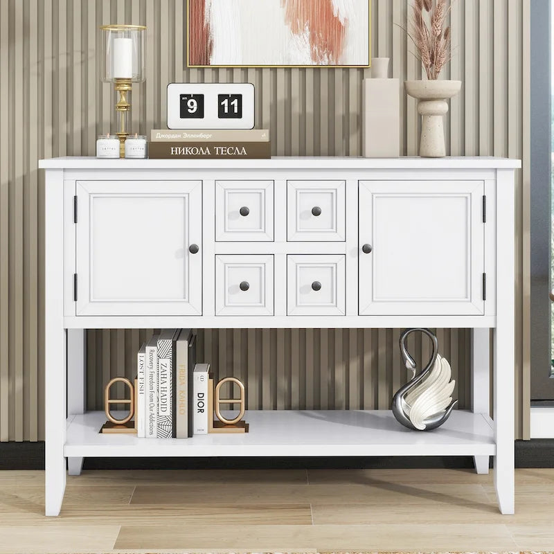 Console rétro bleue/blanche vintage avec 4 tiroirs et 2 placards, montage par 1 personne