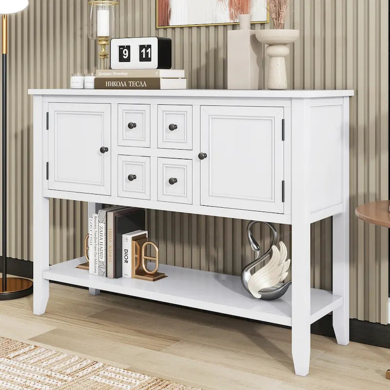 Console rétro bleue/blanche vintage avec 4 tiroirs et 2 placards, montage par 1 personne