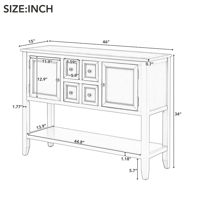 Console rétro bleue/blanche vintage avec 4 tiroirs et 2 placards, montage par 1 personne
