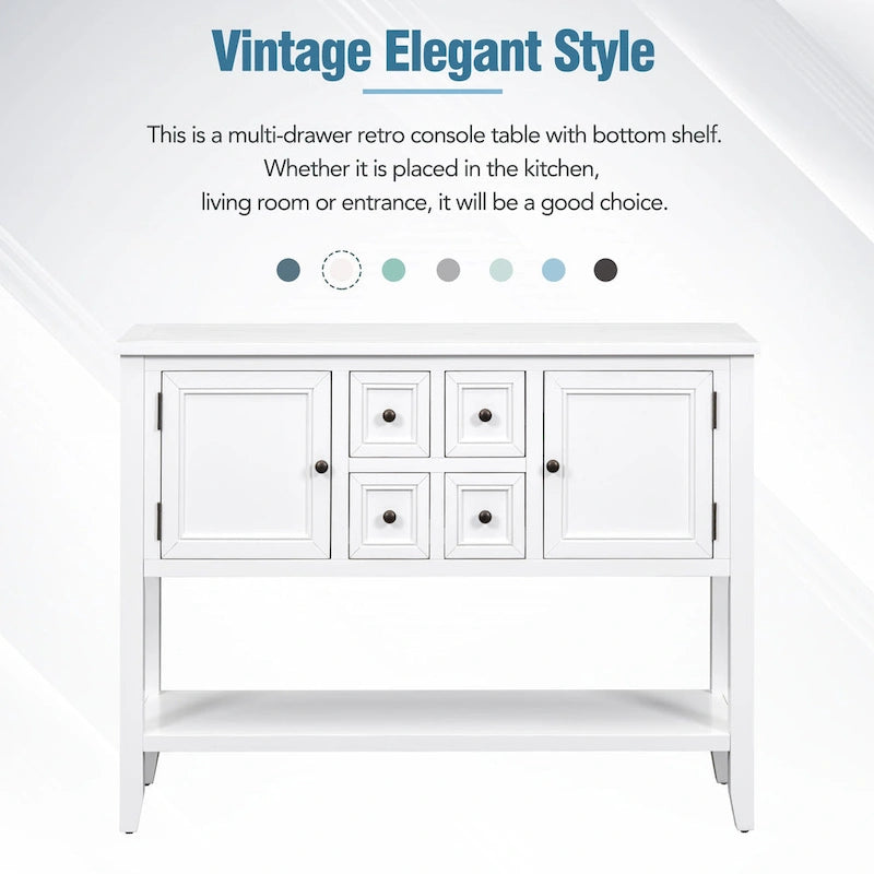 Console rétro bleue/blanche vintage avec 4 tiroirs et 2 placards, montage par 1 personne