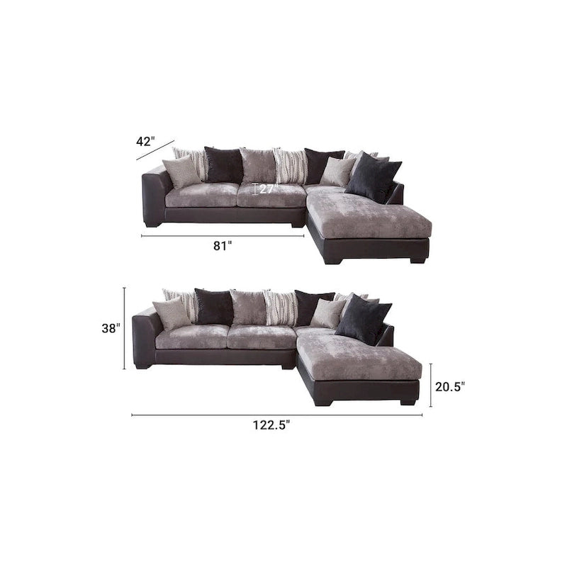 Canapé d'angle en L noir et anthracite avec méridienne, 5 places