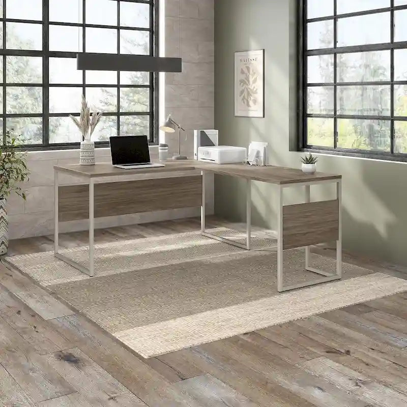 Bureau en L avec pieds en métal, noyer moderne / gris platine / blanc / gris orage, utilisateur unique, 60 larg. x 30 prof.