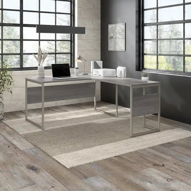 Bureau en L avec pieds en métal, noyer moderne / gris platine / blanc / gris orage, utilisateur unique, 60 larg. x 30 prof.