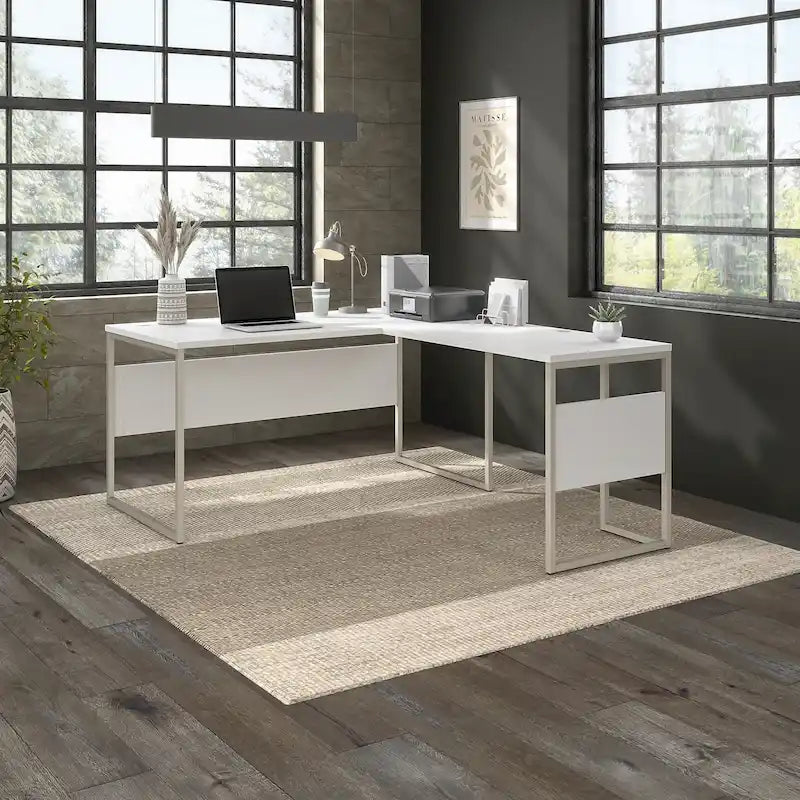 Bureau en L avec pieds en métal, noyer moderne / gris platine / blanc / gris orage, utilisateur unique, 60 larg. x 30 prof.