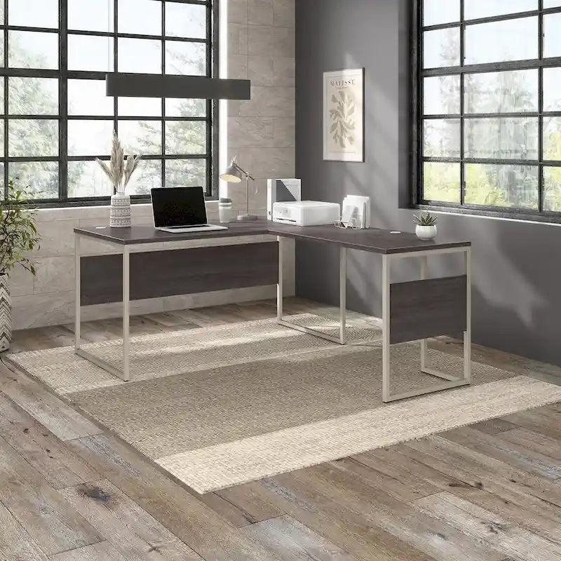 Bureau en L avec pieds en métal, noyer moderne / gris platine / blanc / gris orage, utilisateur unique, 60 larg. x 30 prof.
