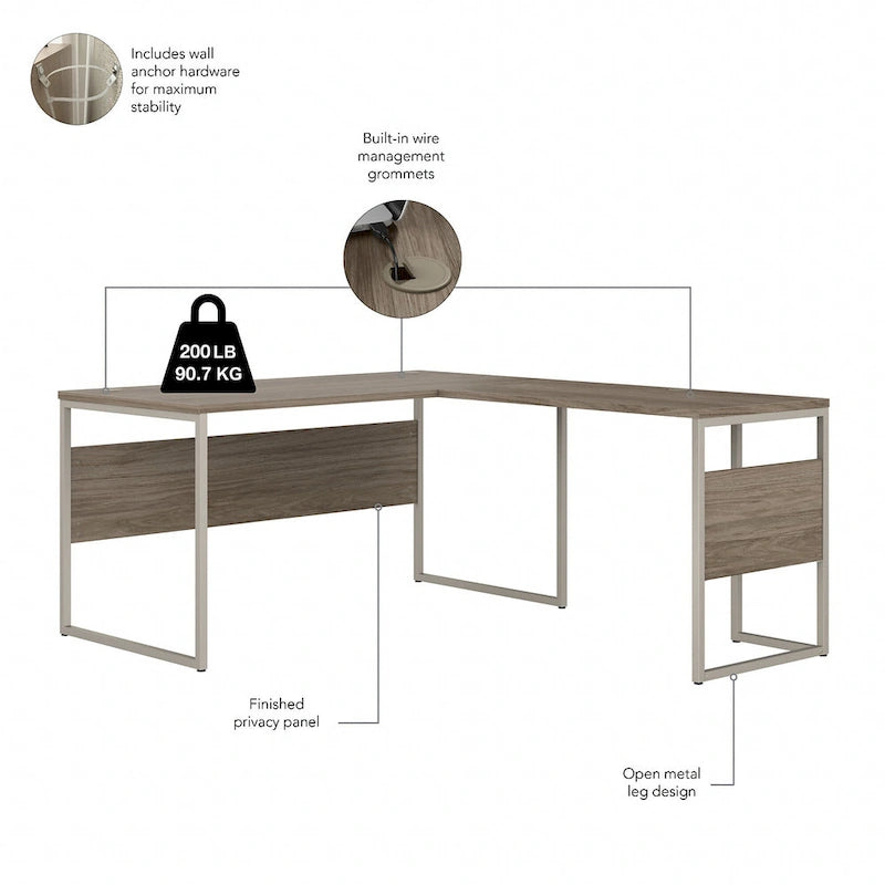 Bureau en L avec pieds en métal, noyer moderne / gris platine / blanc / gris orage, utilisateur unique, 60 larg. x 30 prof.