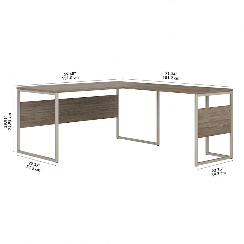 Bureau en L avec pieds en métal, noyer moderne / gris platine / blanc / gris orage, utilisateur unique, 60 larg. x 30 prof.