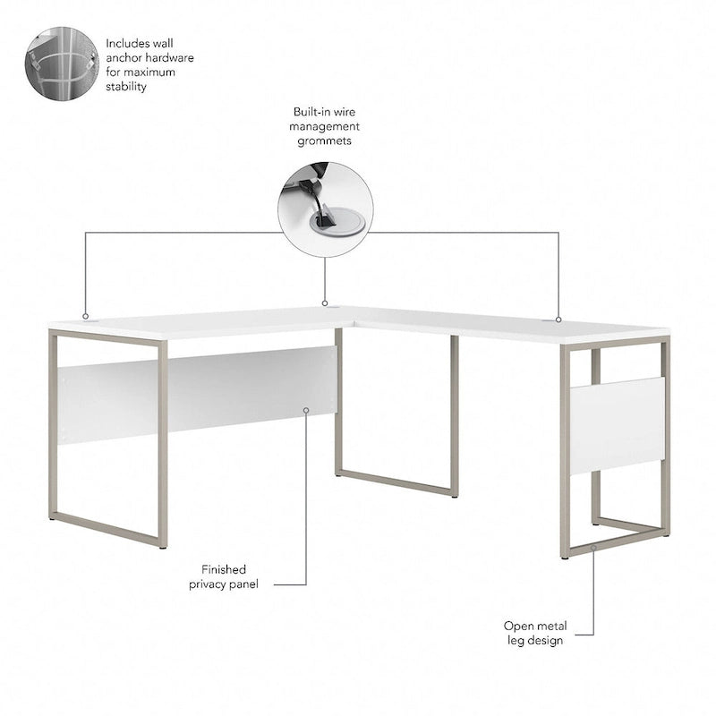 Bureau en L avec pieds en métal, noyer moderne / gris platine / blanc / gris orage, utilisateur unique, 60 larg. x 30 prof.