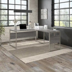 Bureau en L avec pieds en métal, noyer moderne / gris platine / blanc / gris orage, utilisateur unique, 60 larg. x 30 prof.