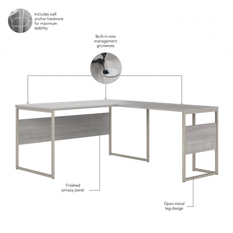 Bureau en L avec pieds en métal, noyer moderne / gris platine / blanc / gris orage, utilisateur unique, 60 larg. x 30 prof.