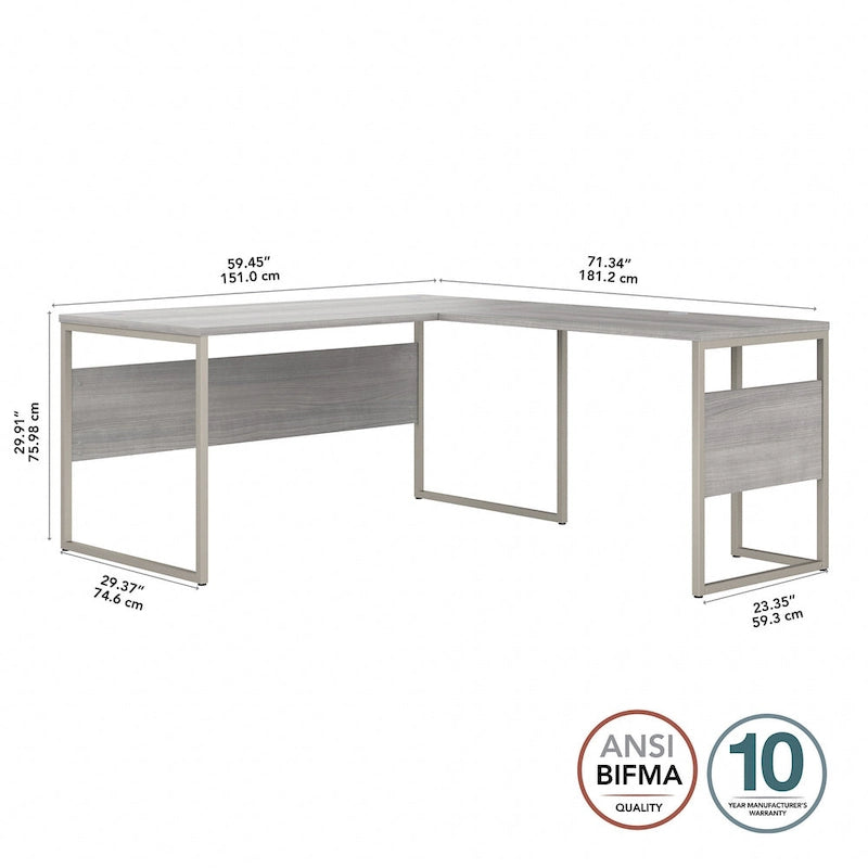 Bureau en L avec pieds en métal, noyer moderne / gris platine / blanc / gris orage, utilisateur unique, 60 larg. x 30 prof.