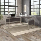 Bureau en L avec pieds en métal, noyer moderne / gris platine / blanc / gris orage, utilisateur unique, 60 larg. x 30 prof.