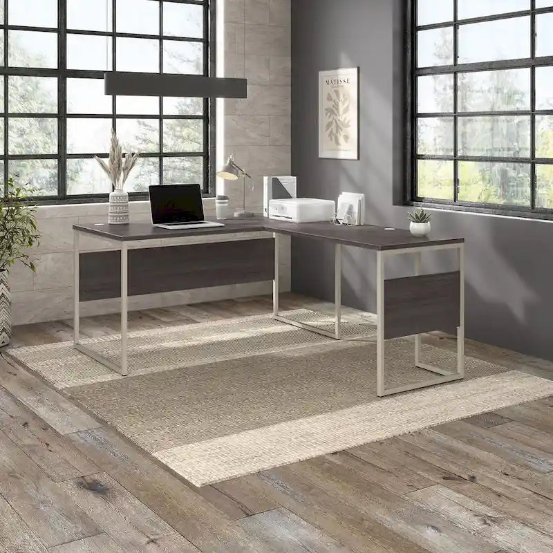 Bureau en L avec pieds en métal, noyer moderne / gris platine / blanc / gris orage, utilisateur unique, 60 larg. x 30 prof.