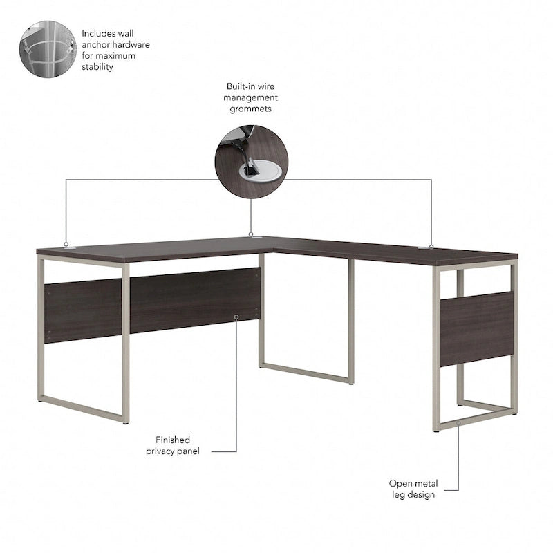 Bureau en L avec pieds en métal, noyer moderne / gris platine / blanc / gris orage, utilisateur unique, 60 larg. x 30 prof.