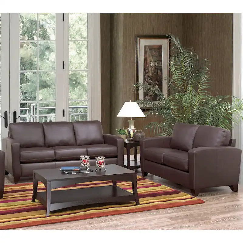 Canapé et causeuse en cuir pleine fleur blanc, pieds expresso – 2 places + 3 places