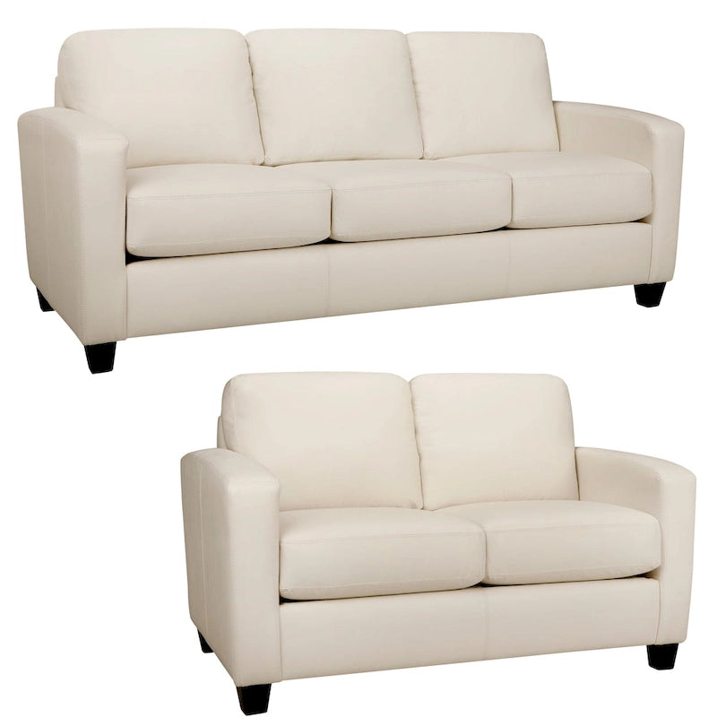Canapé et causeuse en cuir pleine fleur blanc, pieds expresso – 2 places + 3 places