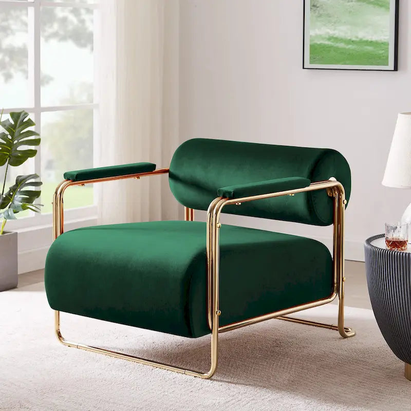 Fauteuil d'appoint en velours vert / orange / blanc / vert olive, dossier cylindrique, structure dorée, un seul siège