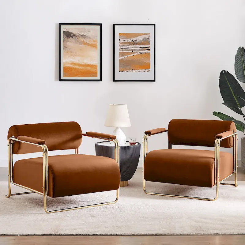 Fauteuil d'appoint en velours vert / orange / blanc / vert olive, dossier cylindrique, structure dorée, un seul siège