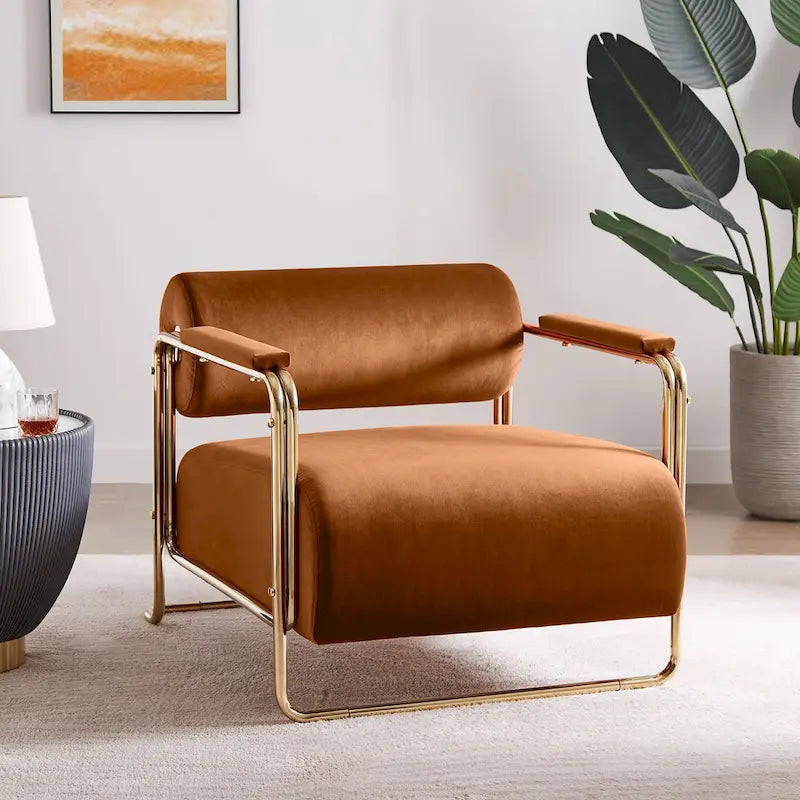Fauteuil d'appoint en velours vert / orange / blanc / vert olive, dossier cylindrique, structure dorée, un seul siège