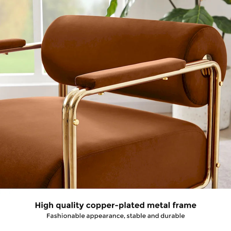 Fauteuil d'appoint en velours vert / orange / blanc / vert olive, dossier cylindrique, structure dorée, un seul siège