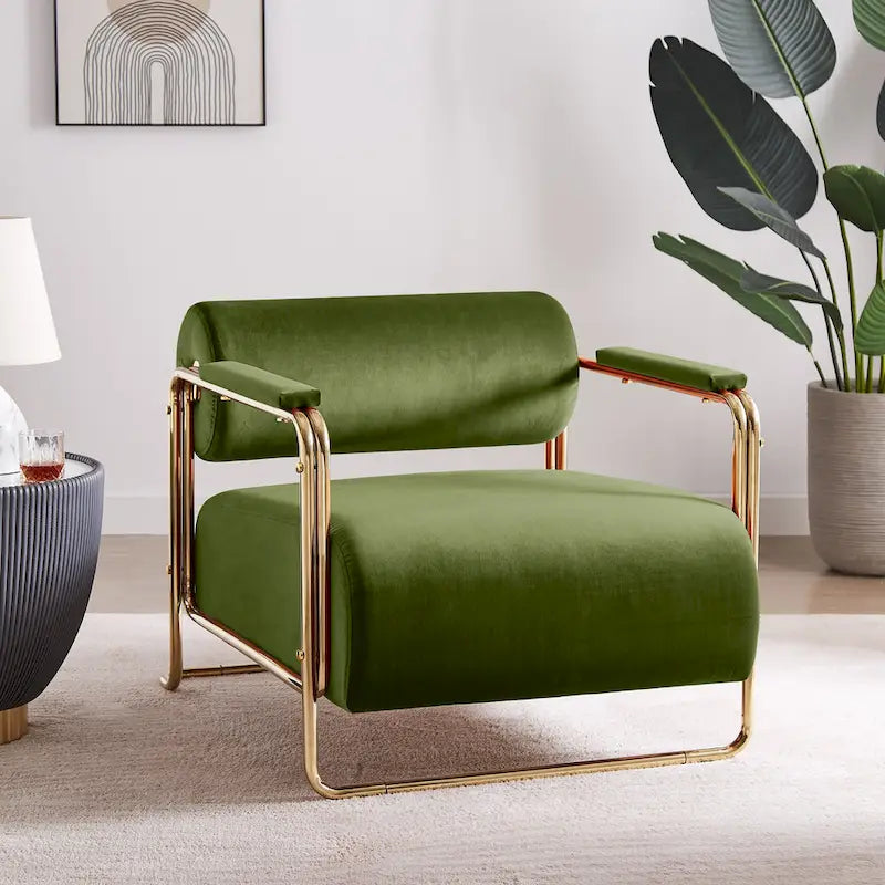 Fauteuil d'appoint en velours vert / orange / blanc / vert olive, dossier cylindrique, structure dorée, un seul siège