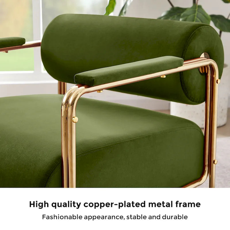 Fauteuil d'appoint en velours vert / orange / blanc / vert olive, dossier cylindrique, structure dorée, un seul siège