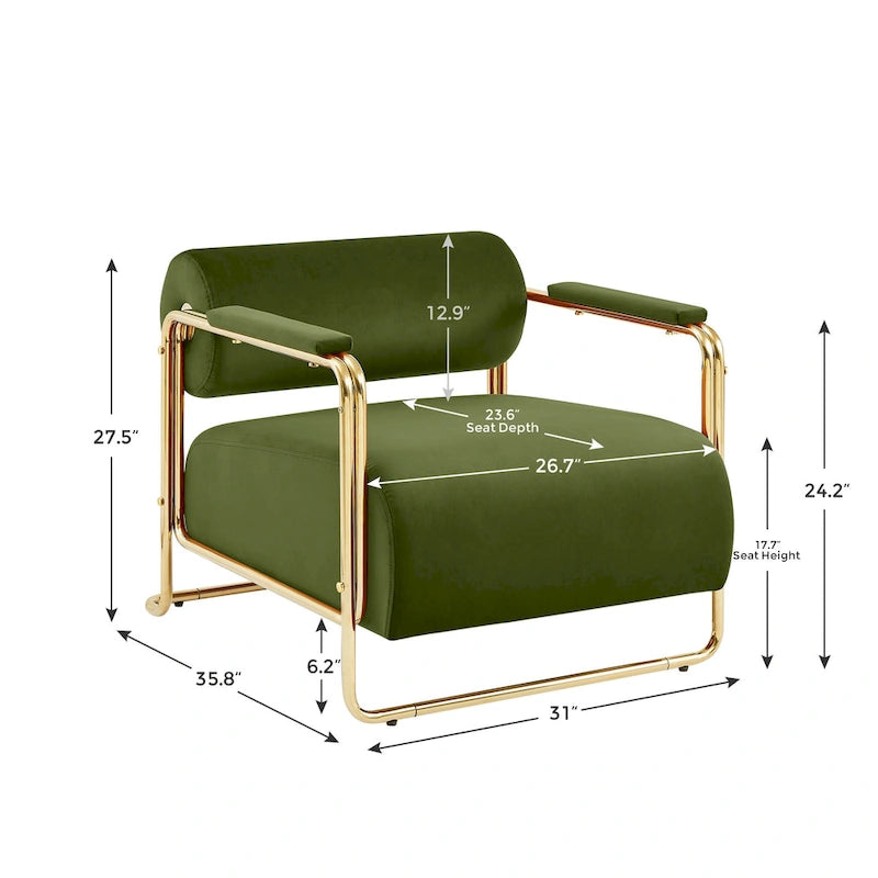 Fauteuil d'appoint en velours vert / orange / blanc / vert olive, dossier cylindrique, structure dorée, un seul siège