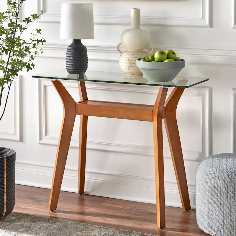 Table console en noyer avec plateau en verre et étagère