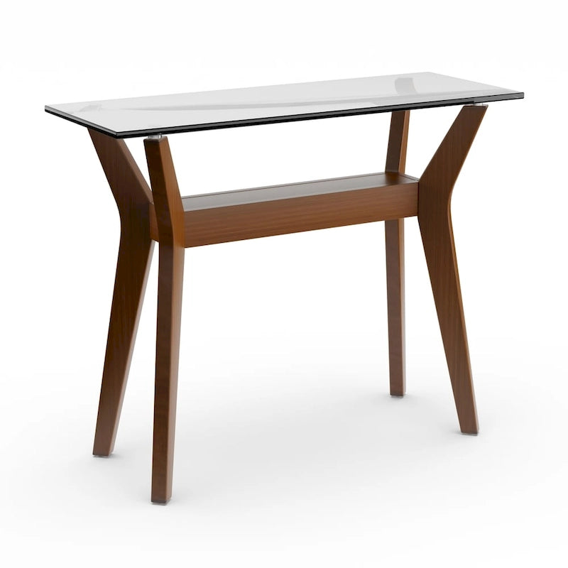 Table console en noyer avec plateau en verre et étagère