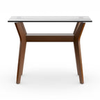 Table console en noyer avec plateau en verre et étagère