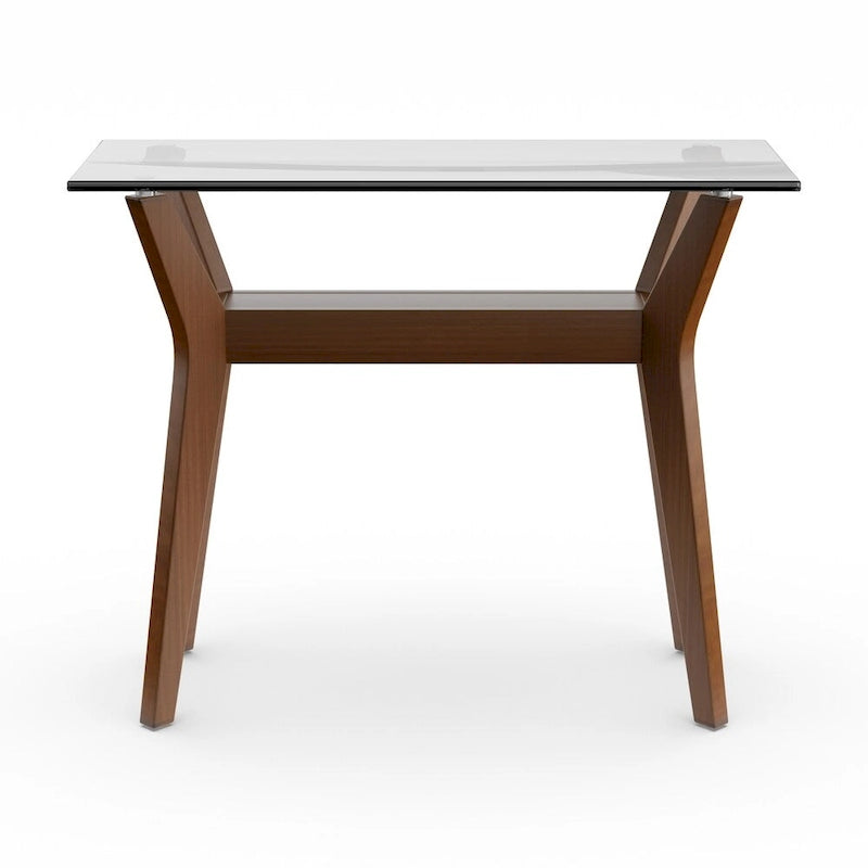 Table console en noyer avec plateau en verre et étagère