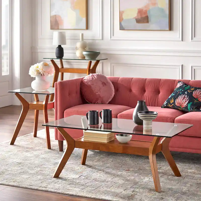 Table console en noyer avec plateau en verre et étagère