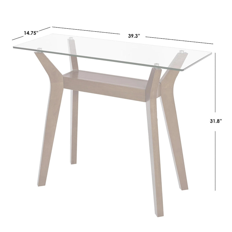 Table console en noyer avec plateau en verre et étagère