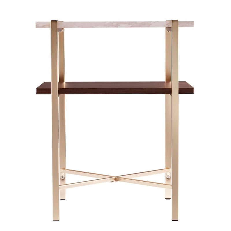 Table d'appoint à 2 niveaux en similicuir marbre blanc/brun avec étagère ouverte