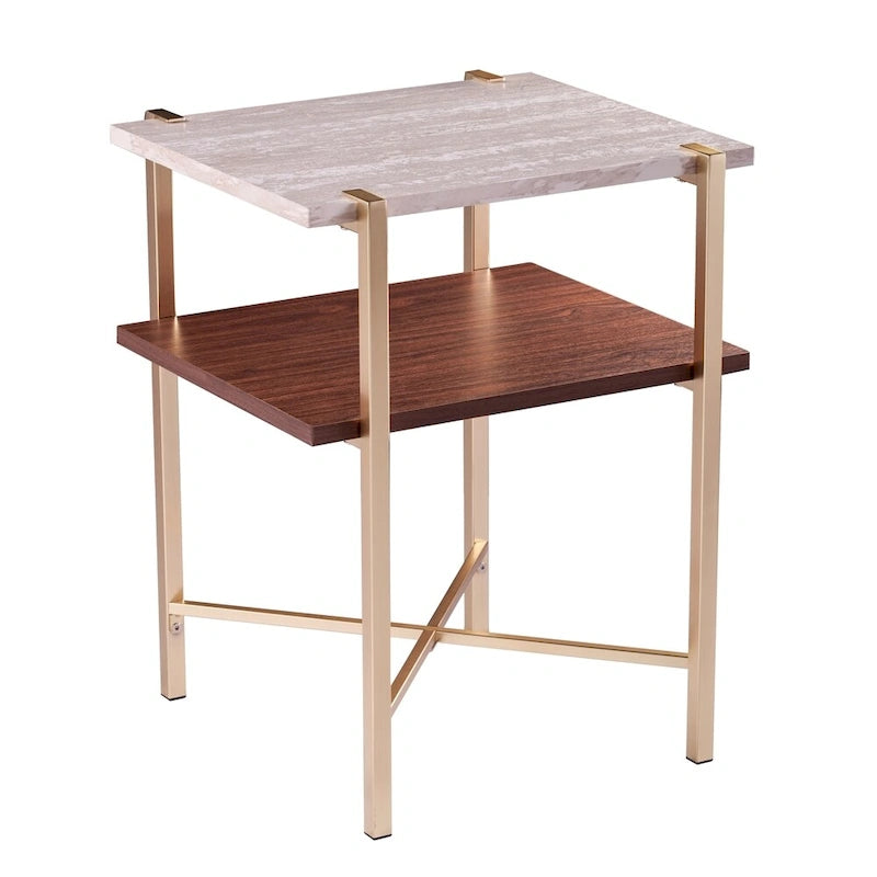 Table d'appoint à 2 niveaux en similicuir marbre blanc/brun avec étagère ouverte